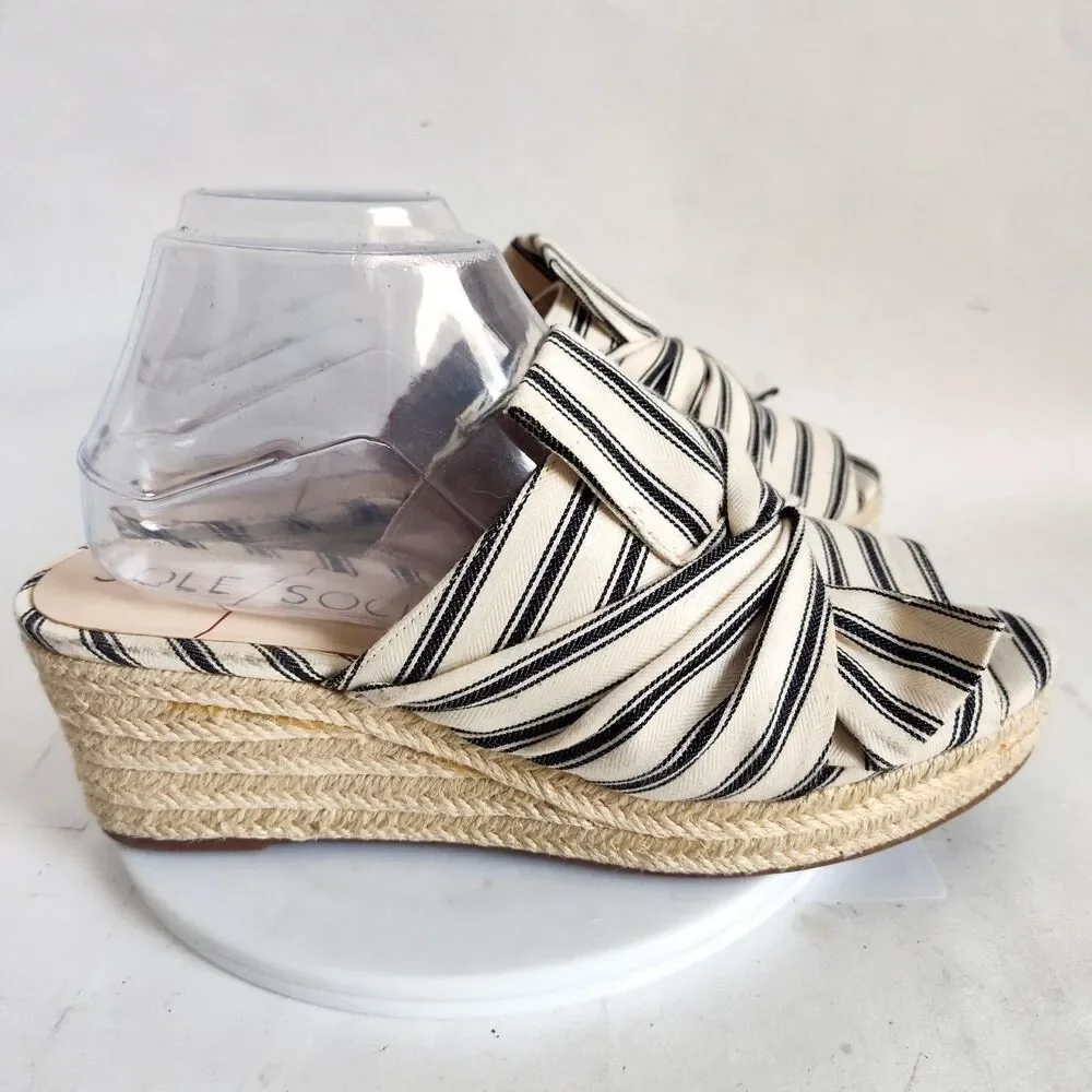 Sole Society Mules Size 9 Slides Linen Cream Blue‎ Striped Bow Flats Closed Toe